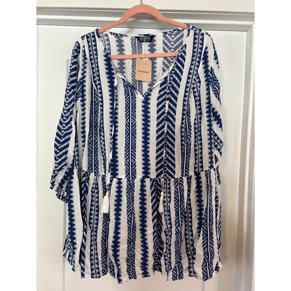 NEW BLOOM CHIC Boho Tunic Dress Blue Geometric Print Tassel 3/4 Sleeve Boho‎